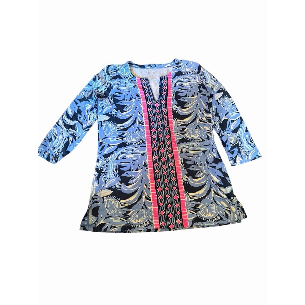 Lilly Pulitzer Tunic Top Women XS Blue Pink Novelty Print Karina Tropical